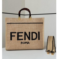 Top Design Fendi Sunshine Shopper Medium Bag in Raffia Straw 8621L Black 2025