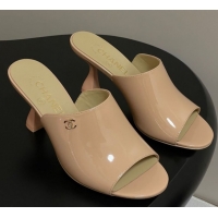 Unique Style Chanel Patent Calfskin Heel Slides Sandal 8.5cm Beige 2025 CH061015