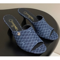 Durable Chanel Quilted Denim Heel Slides Sandal 8.5cm Navy Blue 2025 CH061015