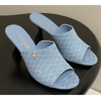 Top Grade Chanel Quilted Denim Heel Slides Sandal 8.5cm Light Blue 2025 CH061015