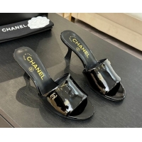 Good Quality Chanel Patent Calfskin Heel Slides Sandal 7cm Black 2025 CH061016