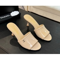 Pretty Style Chanel Patent Calfskin Heel Slides Sandal 7cm Beige 2025 CH061016