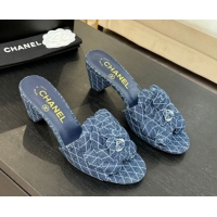 Luxurious Chanel Denim Heel Slides Sandal 7cm with Camellia Navy Blue 2025 CH061017