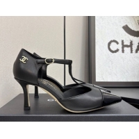 Luxury Cheap Chanel Lambskin & Patent Calfskin T Pumps Black 2025 CH061018