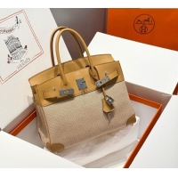 Best Price Hermes Birkin 30cm Bag in Waffle Pattern Canvas and Swift Calfskin with Silver Hardware H1069 Milk Tea Beige 