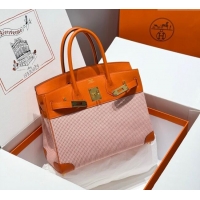 Super Quality Hermes Birkin 30cm Bag in Waffle Pattern Canvas and Swift Calfskin with Gold Hardware H1069 Orange 2025 (H