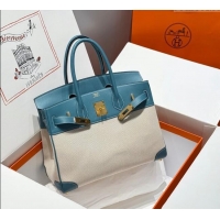 Top Design Hermes Birkin 30cm Bag in Canvas and Swift Calfskin with Gold Hardware H1069 Denim Blue/Cream White 2025 (Hal