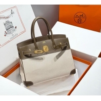 Buy Grade Hermes Birkin 30cm Bag in Canvas and Swift Calfskin with Gold Hardware H1069 Elephant Grey 2025 (Half Handmade