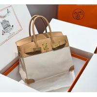 Shop Grade Hermes Birkin 30cm Bag in Canvas and Swift Calfskin with Gold Hardware H1069 Milk Tea Beige 2025 (Half Handma