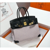 Promotional Hermes Birkin 30cm Bag in Waffle Pattern Canvas and Swift Calfskin with Gold Hardware H1069 Black/Pale Pink 