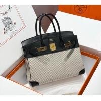 Best Product Hermes Birkin 30cm Bag in Waffle Pattern Canvas and Swift Calfskin with Gold Hardware H1069 Black/White 202