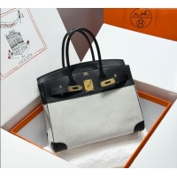 Luxury Discount Hermes Birkin 30cm Bag in Canvas and Swift Calfskin Leather with Gold Hardware H1069 Black/White 2025 (H