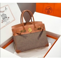 Free Shipping Hermes Birkin 30cm Bag in Waffle Pattern Canvas and Swift Calfskin with Gold Hardware H1069 Brown 2025 (Ha