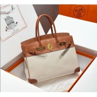 Top Grade Hermes Birkin 30cm Bag in Canvas and Swift Calfskin with Gold Hardware H1069 Brown/White 2025 (Half Handmade)