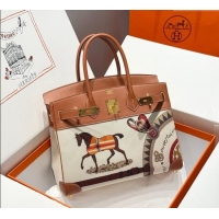 Luxury Cheap Hermes Birkin 30cm Bag in Printed Canvas and Swift Calfskin with Gold Hardware H1070 Brown 2025 (Half Handm