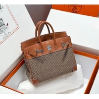 Super Quality Hermes Birkin 25cm Bag in Waffle Pattern Canvas and Swift Calfskin with Silver Hardware H1083 Brown 2025 (