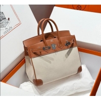 Grade Price Hermes Birkin 25cm Bag in Canvas and Swift Calfskin with Silver Hardware H1083 Brown/White 2025 (Half Handma