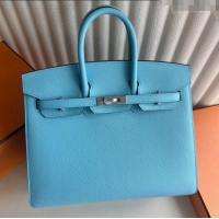 Grade Design Hermes Birkin Sellier 30cm Bag in Original Epsom Leather 7N H30 Candy Blue/Silver 2025 (Full Handmade)