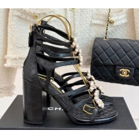 Grade Quality Chanel Calfskin Heel Strap Sandals with Pearl Bloom Black 2025 CH061020