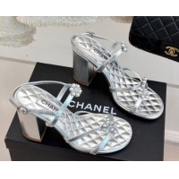 Good Looking Chanel Calfskin High Heel Sandals with Pearl Bloom Silver 2025 CH061020