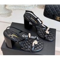 Shop Duplicate Chanel Calfskin High Heel Sandals with Pearl Bloom Black 2025 CH061020