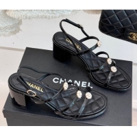 Durable Chanel Calfskin Leather Heel Sandals with Pearl Bloom Black 2025 CH061020