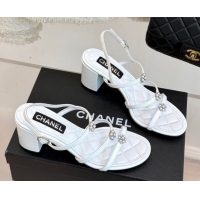 Best Price Chanel Calfskin Leather Heel Sandals with Pearl Bloom White 2025 CH061020