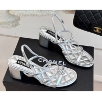 Good Quality Chanel Calfskin Leather Heel Sandals with Pearl Bloom Silver 2025 CH061020