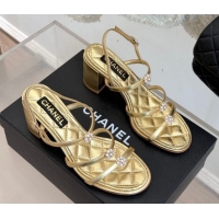 Pretty Style Chanel Calfskin Leather Heel Sandals with Pearl Bloom Gold 2025 CH061020