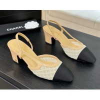 Charming Chanel Embroidery & Grosgrain Slingback Pumps 6cm Beige 2025 G31318