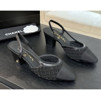 Hot Style Chanel Embroidery & Grosgrain Slingback Pumps 6cm Black 2025 G31318