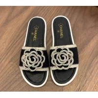 Grade Quality Chanel Knit Flat Slides Sandal with Camellia Bloom Black 2025 CH061024