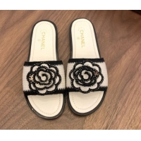 Best Grade Chanel Knit Flat Slides Sandal with Camellia Bloom White 2025 CH061024