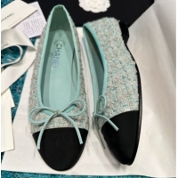 Shop Duplicate Chanel Tweed & Grosgrain Ballet Flats CHB070701 Green