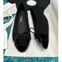 Top Grade Chanel Tweed & Patent Leather Ballet Flats CHB070702 Black