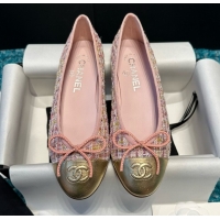 Good Quality Chanel Tweed & Leather Ballet Flats CHB070707 Pink/Gold