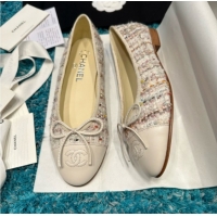 Best Price Chanel Tweed & Leather Ballet Flats CHB070708 White
