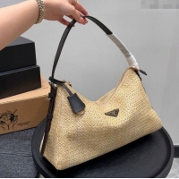 Luxury Cheap Prada Aimee Straw Hobo Bag 1BC228 Black 2025