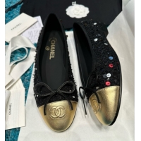 Good Product Chanel Tweed & Squins Ballet Flats CHB070729 Black/Gold
