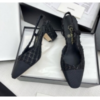 Best Price Chanel Tweed & Grosgrain Slingbacks Pumps with Sequins G31318 6.5cm Heel Black