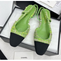 Durable Chanel Tweed & Grosgrain Slingbacks Flats G31319 Green