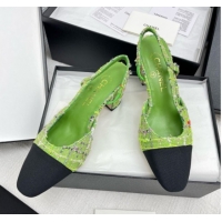 Stylish Chanel Tweed & Grosgrain Slingbacks Pumps G31318 6.5cm Heel Green