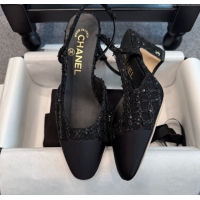 Cheap Price Chanel Tweed & Grosgrain Slingback Pumps G31318 6.5cm Black/Sequins
