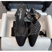 Luxury Chanel Tweed & Grosgrain Slingback Pumps G31318 6.5cm Black/White