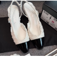 Good Quality Chanel Tweed & Patent Leather Slingback Flats G31319 White/Black