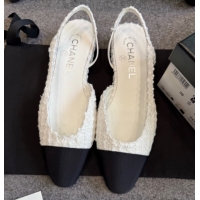 Buy New Cheap Chanel Tweed & Grosgrain Slingback Flats G31319 White/Black
