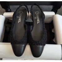 Buy Ladies Chanel Tweed & Leather Slingback Flats G31319 Black/Silver