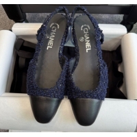 Shop Cheap Chanel Tweed & Leather Slingback Flats G31319 Navy Blue