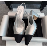 Buy Luxury Chanel Metallic Leather & Grosgrain Slingback Pumps G31318 6.5cm Silver/Black