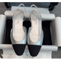 Top Design Chanel Metallic Leather & Grosgrain Slingback Flats G31319 Silver/Black